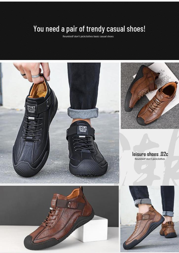 Men's Genuine Leather Soft Sole Casual Shoes - Autumn/Winter Large Size, Handmade and Comfortable.