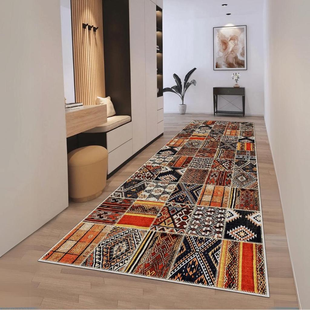 Ethno Patchwork Teppich – Läufer mit traditionellem Muster, weicher Teppich, Läufer mit modernem Design, Wohnzimmerteppich, Flurteppich, Küchenteppich, Läuferteppich