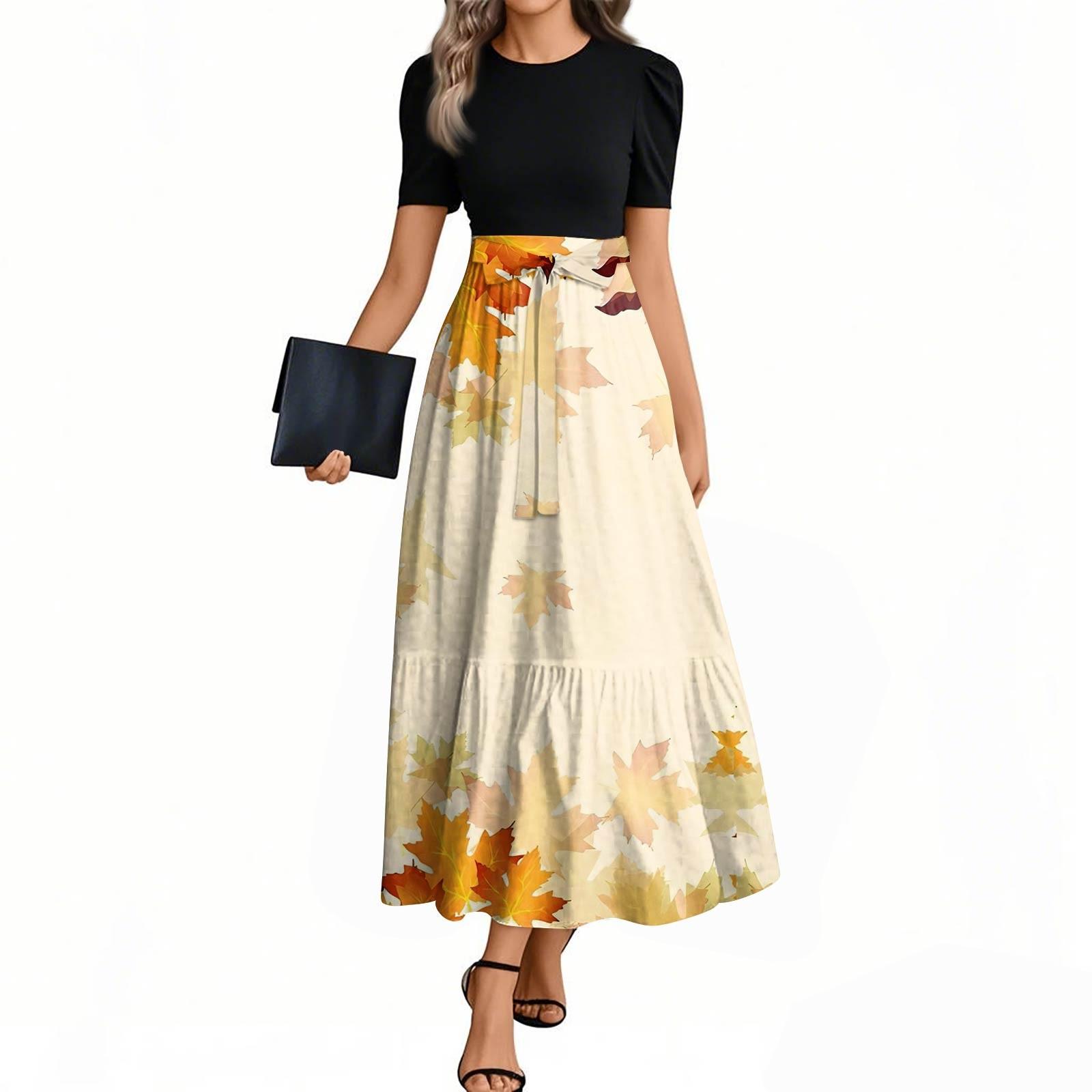 

Женская мода повседневная пояс с коротким рукавом круглый вырез винтажные цветочные сращивания элегантные темпераментные платья XXL