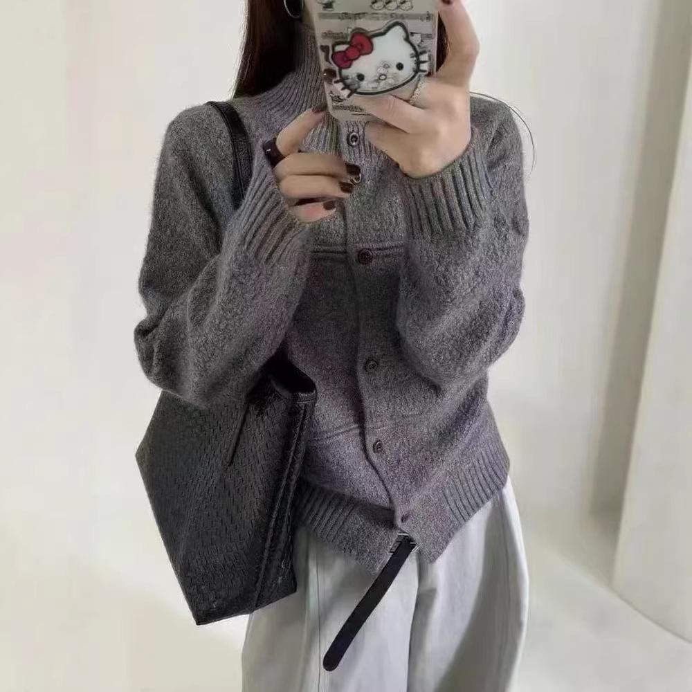 Korean Style High Neck Wool Cardigan - Women's Trendy Autumn/Winter Loose Sweater Jacket