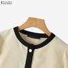 ZANZEA Women Casual Round Neck Splice Long Sleeve Blouse