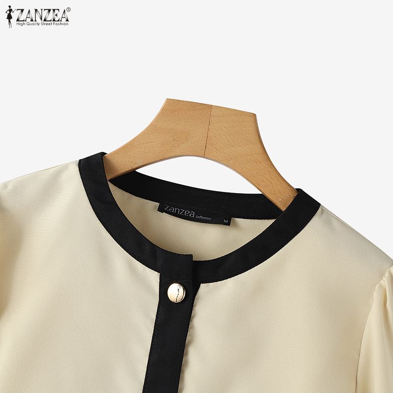 ZANZEA Women Casual Round Neck Splice Long Sleeve Blouse