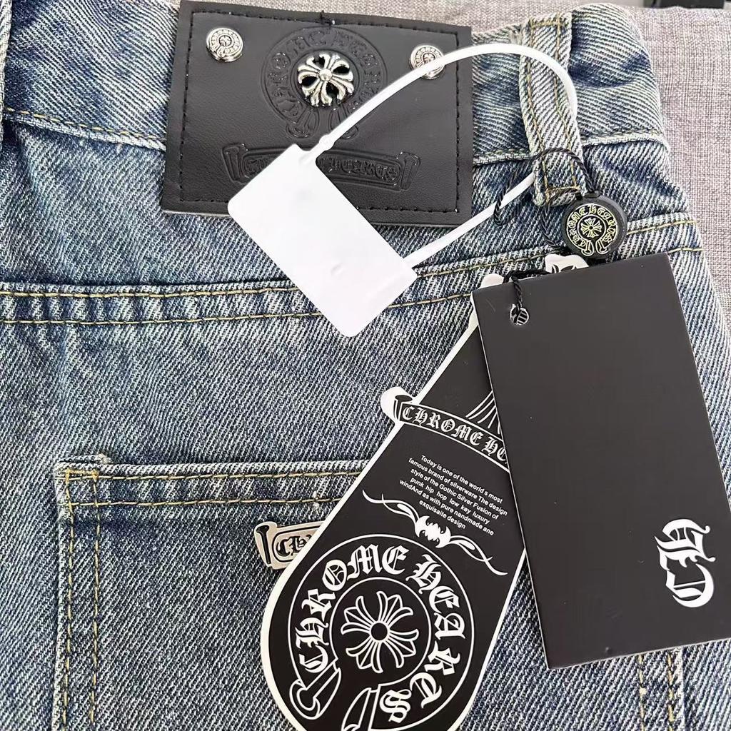 9912 CHROME HEARTS Men's and Women's American Style Trendy Jeans with Fabric Patches, Holes, Embroidery, Casual and Fashionable High Street Pants