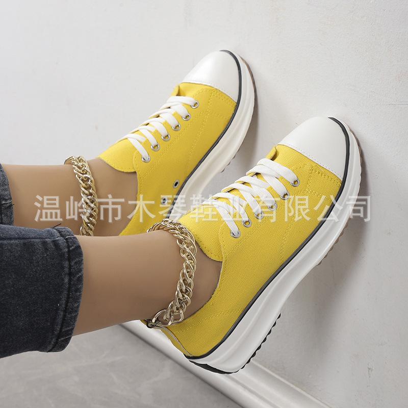 European and American large-size casual single shoes women's 2025 spring and autumn new round head lace-up thick-soled low-top canvas single shoes