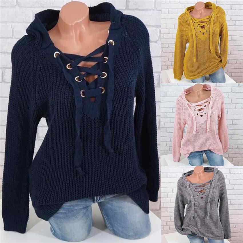 Women's Long Sleeve Hooded Pullover Fashion Autumn/Winter V-neck Sweaters Knitted Tops