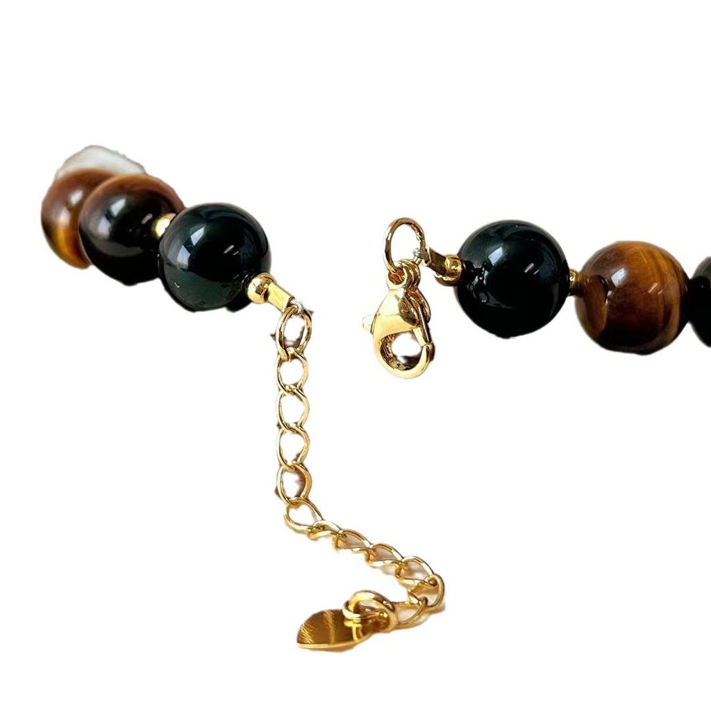 National Style Maillard Style Natural Tiger'S Eye Stone Necklace Female Natural Sugar Cube White Crystal Retro Sweater Chain