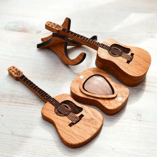 Hölzerne Gitarrenplektrumbox mit Ständer, Gitarrenplektrum-Präsentationsbox mit 3 Gitarrenplektren, Aufbewahrungskoffer für Schreibtischplektren, Geschenk für Gitarristen