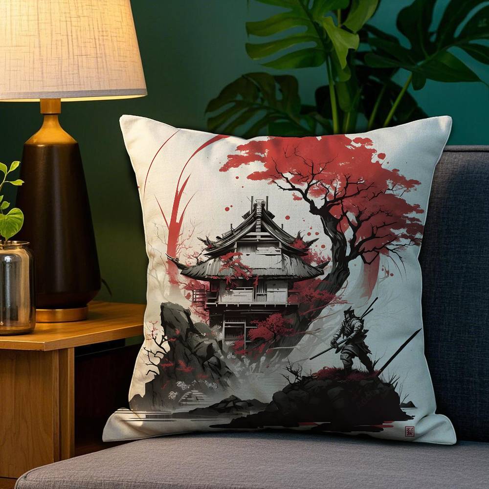 Chinese Ink Painting Style Pillow Case Plush Fabric Soft Double Sided Print Home Sofa High Quality Cushion Cover Throw