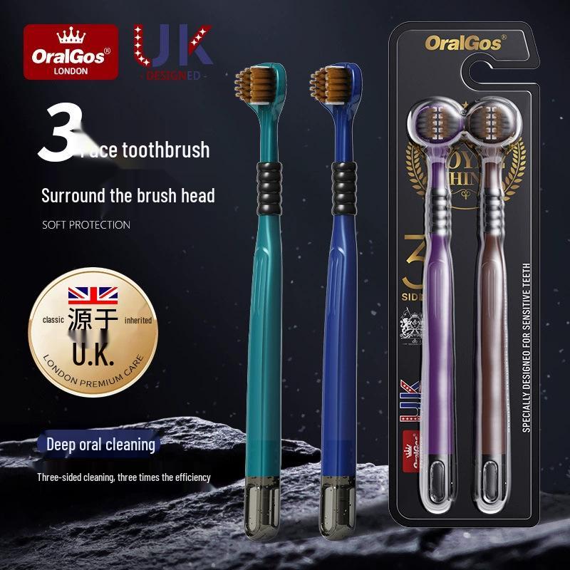 Two-Pack High-Grade Soft Bristle Three-Sided Toothbrush for Adults with Spiral Bristles.