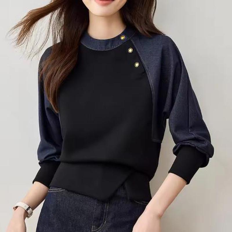 

Autumn Casual Patchwork Shirt Loose Blouses Women Simple Blouse Long Sleeve XL синий