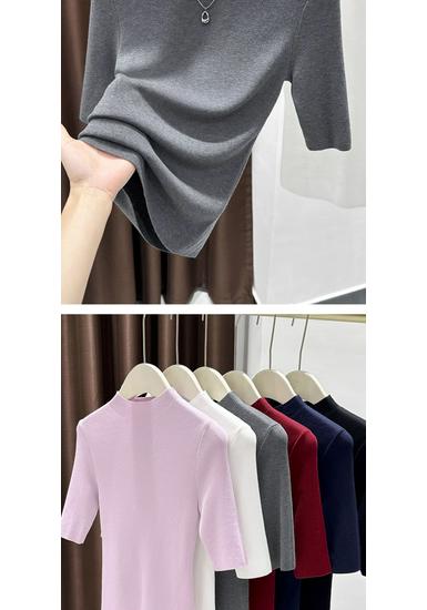 Women's Navy Blue Mid-Sleeve Sweater - Elegant High-End Knit Top with Stand Collar