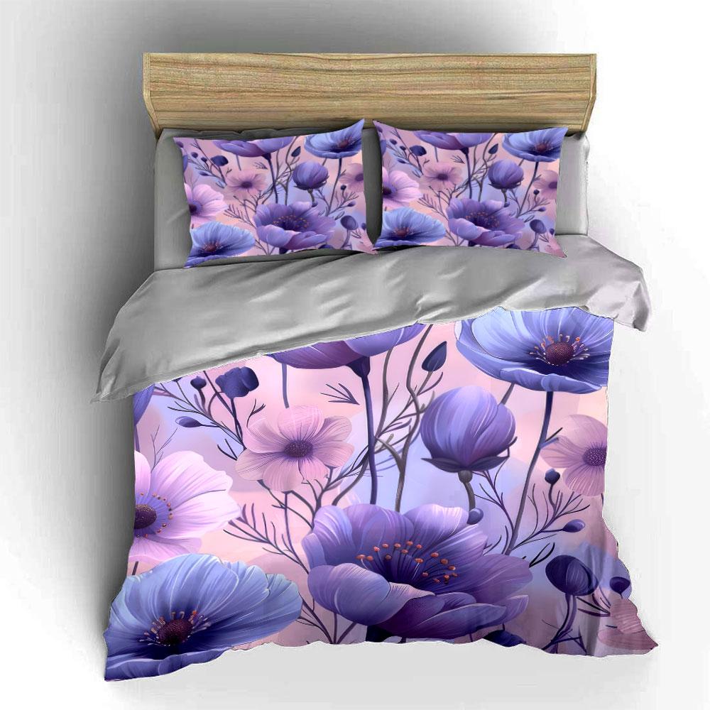 Elegant Purple Floral Three-Piece Set Kid'S And Adults' Bedroom Decor, Exquisite Three-Piece Bedding Set Gift