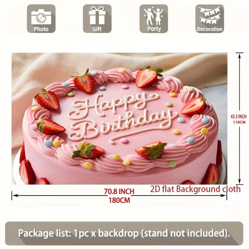 2D Sweet Pink Birthday Cake Backdrop with Strawberry Sprinkles Party Banner