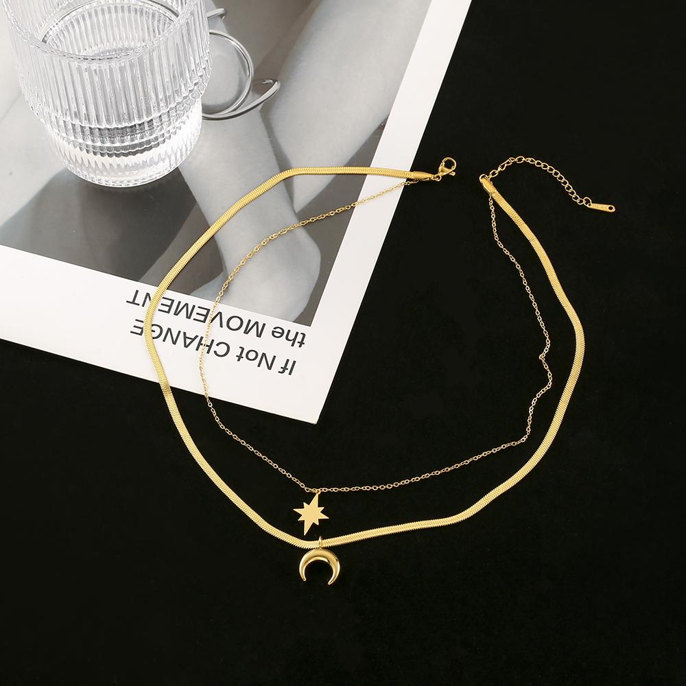 316L Stainless Steel New Fashion Upscale  2 Layer Crescent Moon Star Charms Chain Choker Necklaces & Pendants For Women
