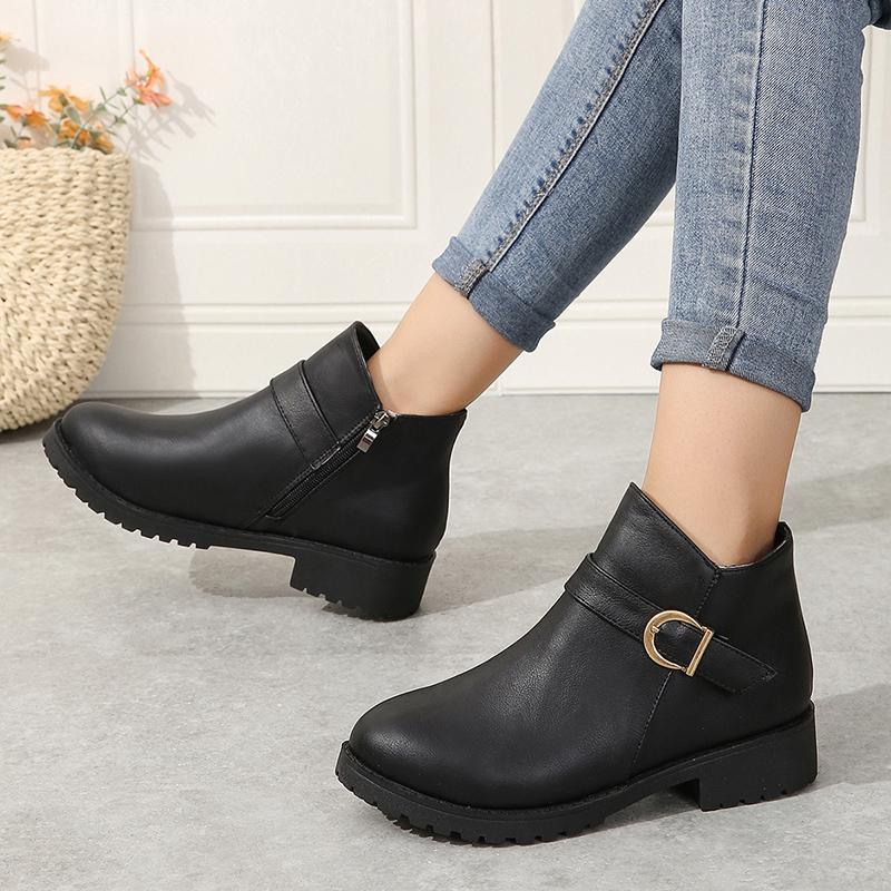 Ladies Shoes On Sale  New Western Boots Female Round Toe Solid Color Ankle Boots PU Fall Boots Women's Ankle Boots Plus Size