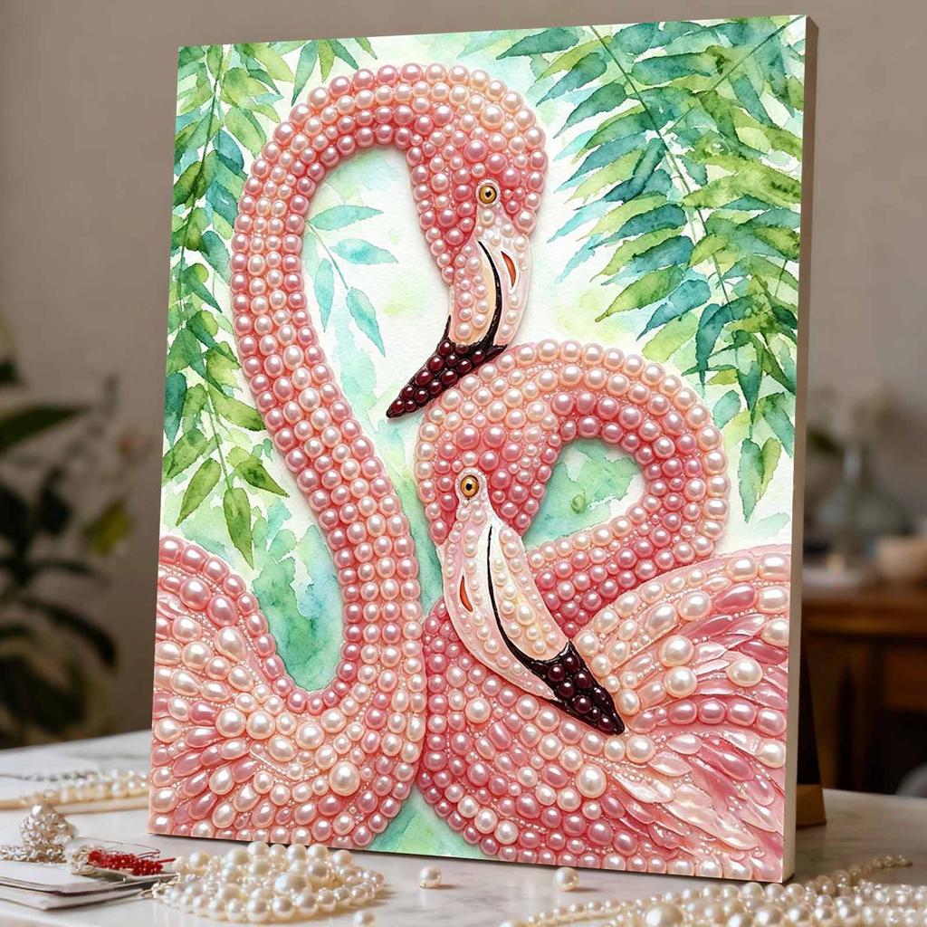 Framed Pearl Bead Painting Kit Elegant Flamingo Design DIY Shiny Canvas Art Relaxing Craft for Desk Wall Decor Aesthetic Gift Home Ornament