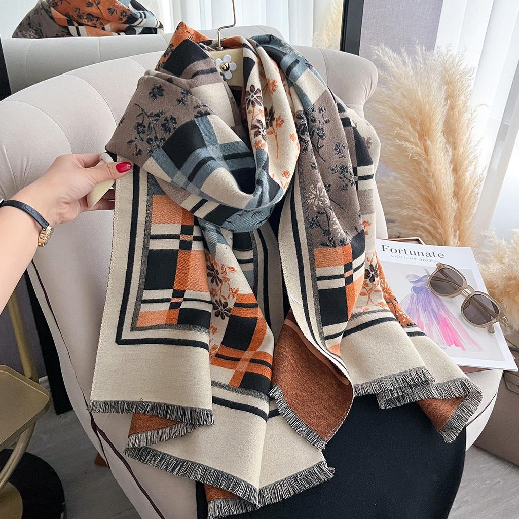Women's Thick Warm Winter Plaid Print Imitation Cashmere Pashmina Shawl - Knitted Faux Cashmere Lady Wrap Scarf Blanket Foulard