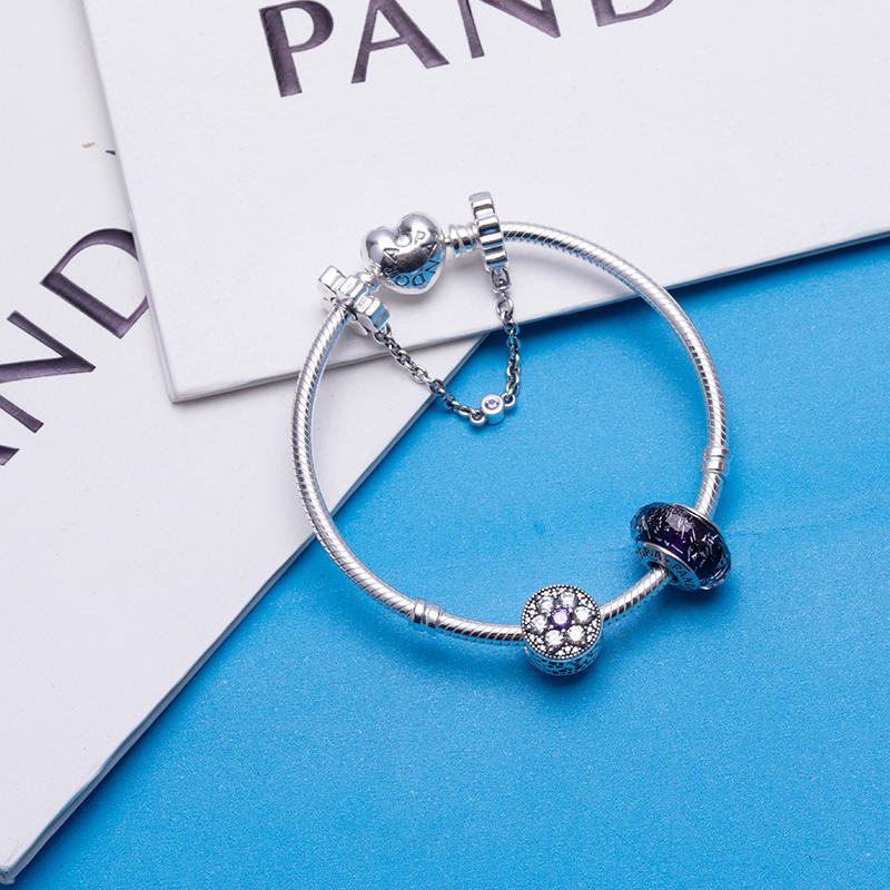 Pandora Purple Sparkling Glazed Forget-Me-Not Flower Safety Chain 925 Silver Bracelet Women's PAND00050-OP