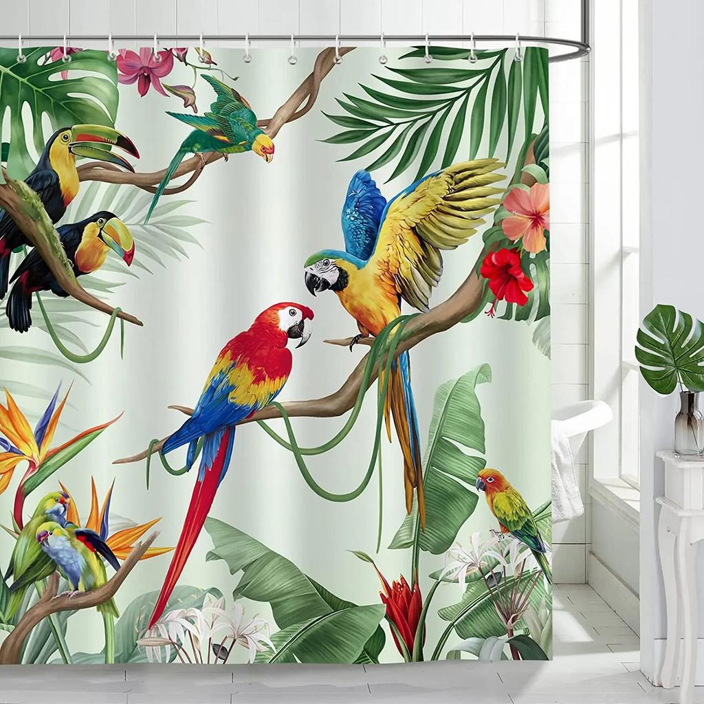 Tropical Birds Shower Curtain For Bathroom Parrot Toucan Green Leaves Plants Summer Polyester Fabric Bath Curtains Decor Hooks