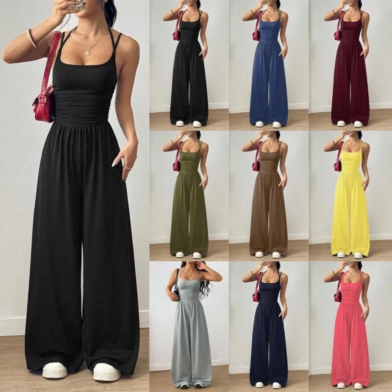 Women's Spaghetti Strap Jumpsuit Wide Leg Ruched Waist Loose Fit Casual Summer Outfit
