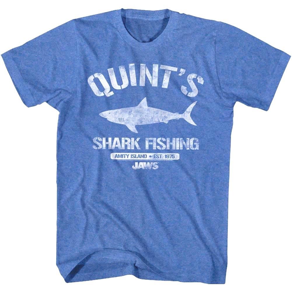 Jaws Quint Shark Fishing Mens T Shirt Amity Island 1975 Boat Trip Blue Heather XXL