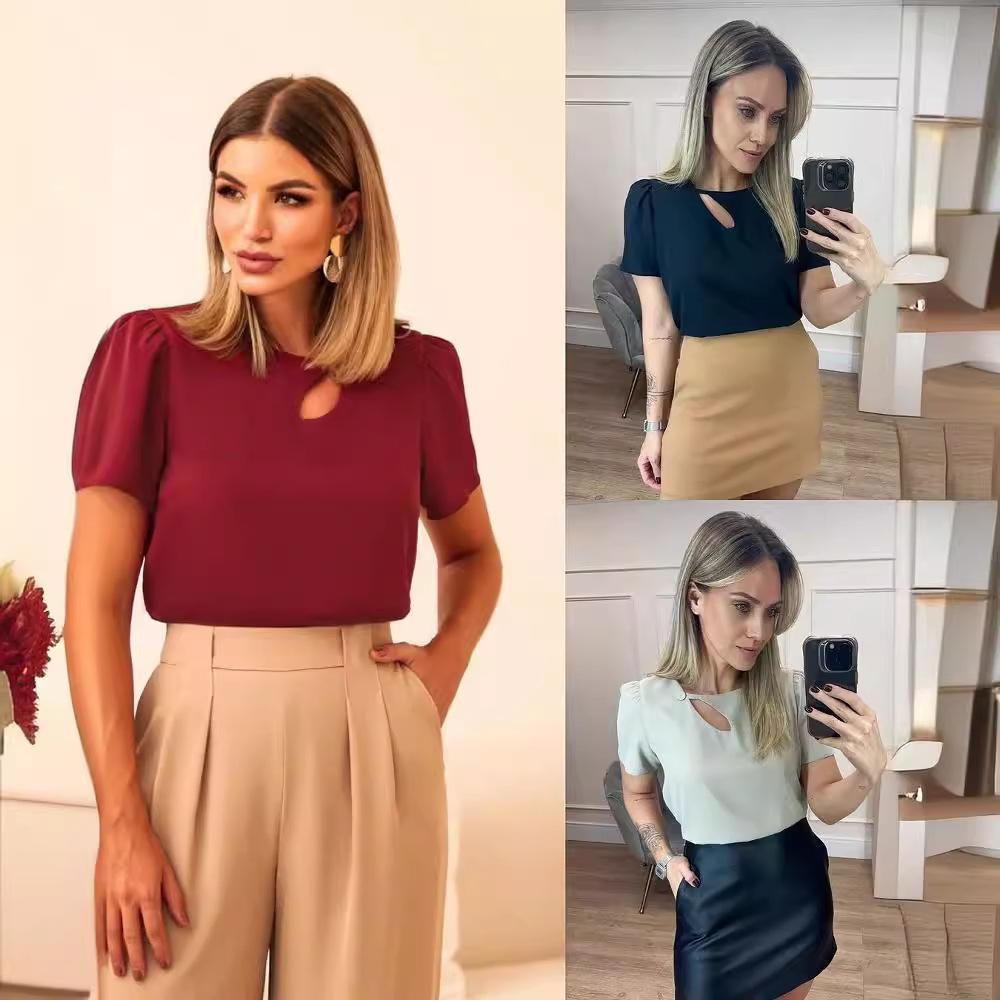2024 Summer European & American Solid Color Round Neck Hollow-Out Versatile Short Sleeve Women's Top