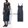 Summer New Product Women's Clothes Breasted Decorative Round Neck Sleeveless Wide Shoulder Strap Denim Midi Skirt Dress 0779055