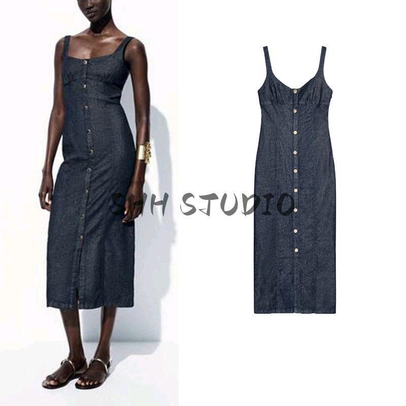 Summer New Product Women's Clothes Breasted Decorative round Neck Sleeveless Wide Shoulder Strap Denim Midi Skirt Dress 0779055