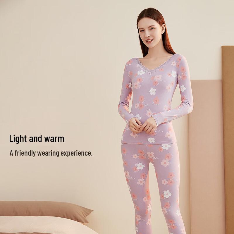 Damen Baumwolle Blumendruck Dünnes Thermounterwäsche-Set