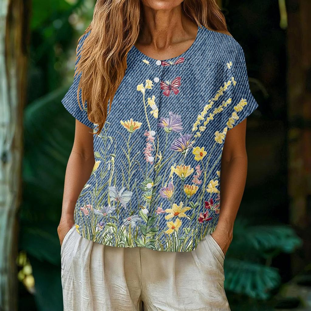 Women's Neck Floral Print Blouse with Single Button Placket