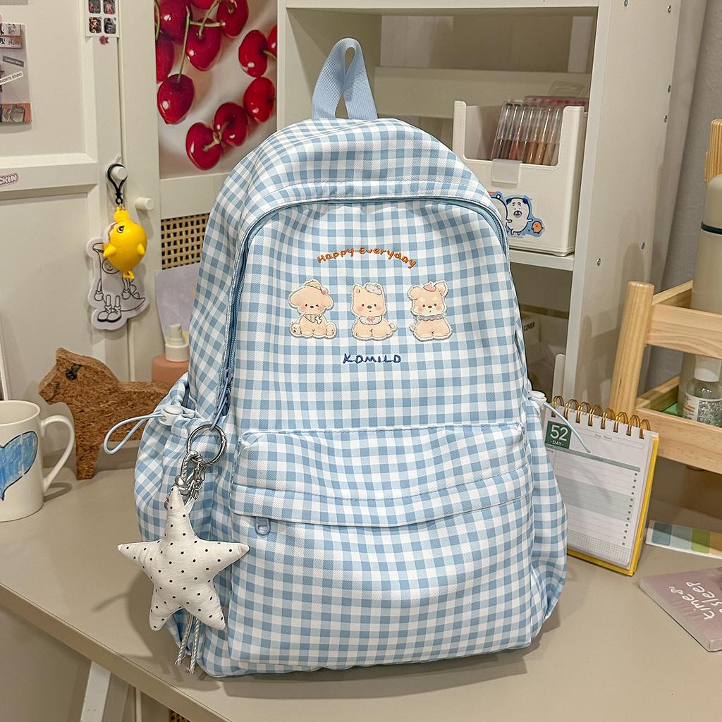 Schoolbag fog gray milk grid star embroidery backpack Japanese soft sister large capacity backpack junior high school girls fresh schoolbag