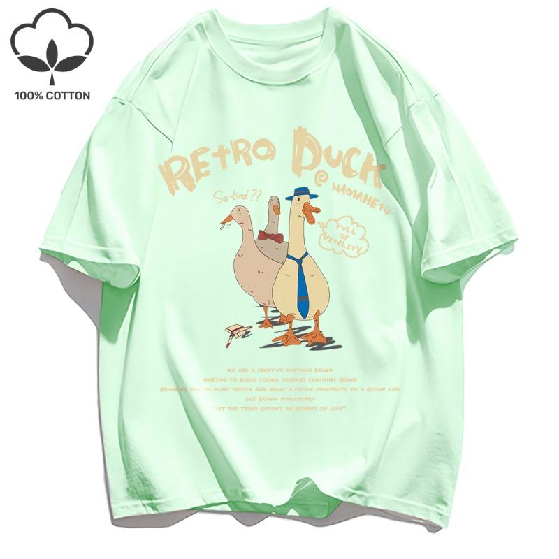 Retro Duck Print Mens T-Shirts Loose Cotton Breathable Short Sleeve Trendy All-Match Clothes Summer Soft Unisex Basics Top