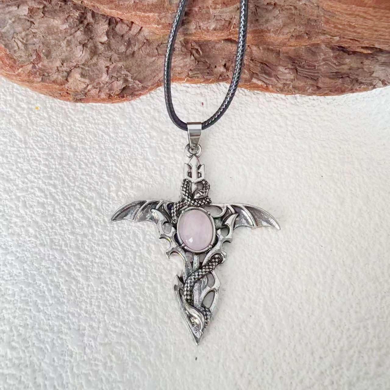 Double Winged Dragon Sword Crystal Necklace with Labradorite Pendant With Black Leather Cord