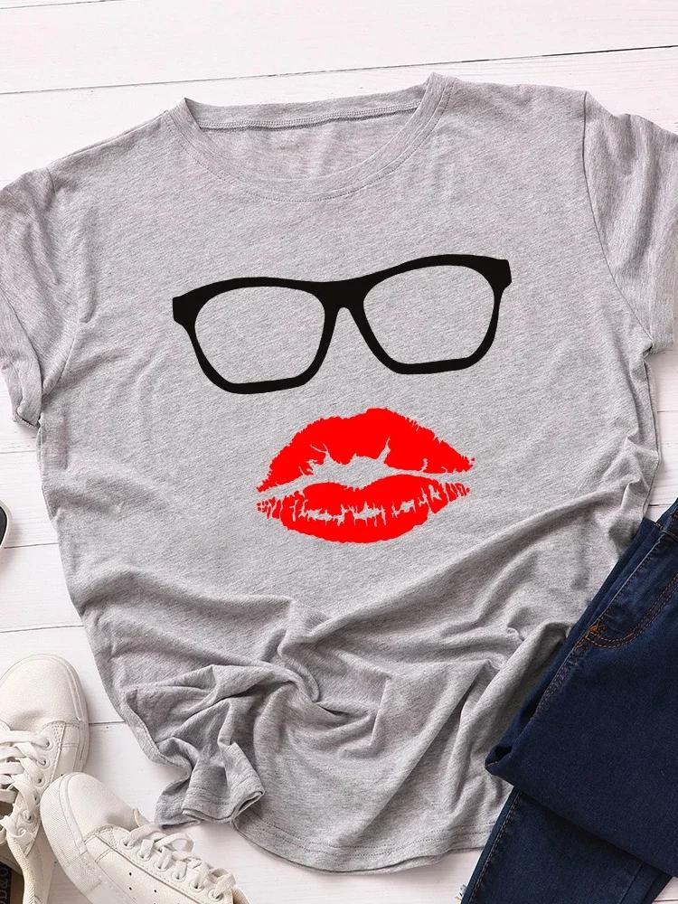 Glasses Red Lip Print Women T Shirt Short Sleeve O Neck Loose Women Tshirt Ladies Tee Shirt Tops Clothes Camisetas Mujer