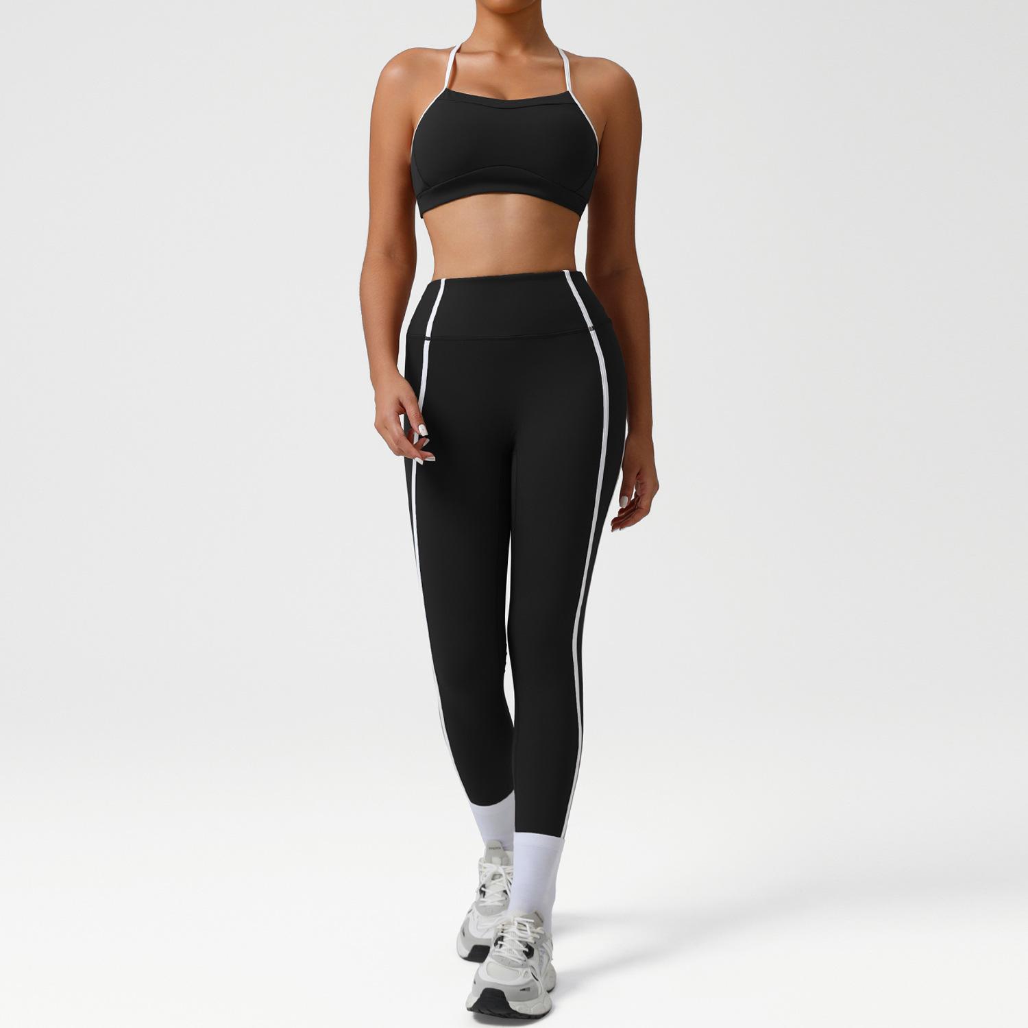 Women s 3 Piece Contrast Trim Yoga Set with Sports Bra Long Sleeve Top and High Waist Leggings S