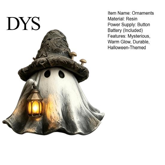 Unique Holiday Collection Item Halloween Ghost Wizard Hat Resin Figurine with LED Lantern, Vintage Witch Glowing Sculpture for Desk Holding
