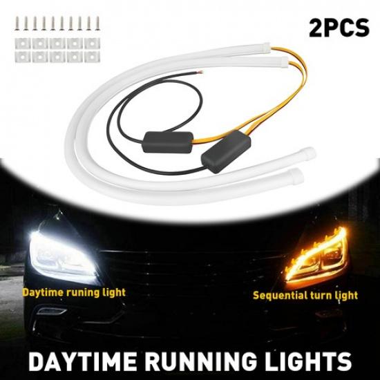 2PCS 60cm LED Flexible Turn Amber Signal White DRL Daytime Running Strip Lights