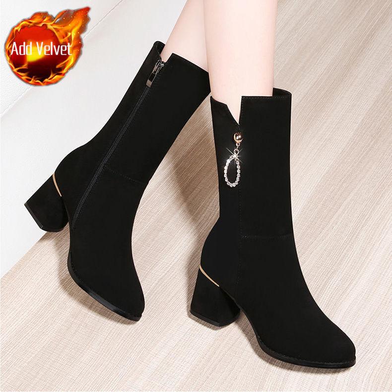 Black Middle Heel Rhinestone Ladies Mid Calf Shoes Autumn Winter Fleece-Lined Hot Fashion 2025 On Offer Women's Half High Boots