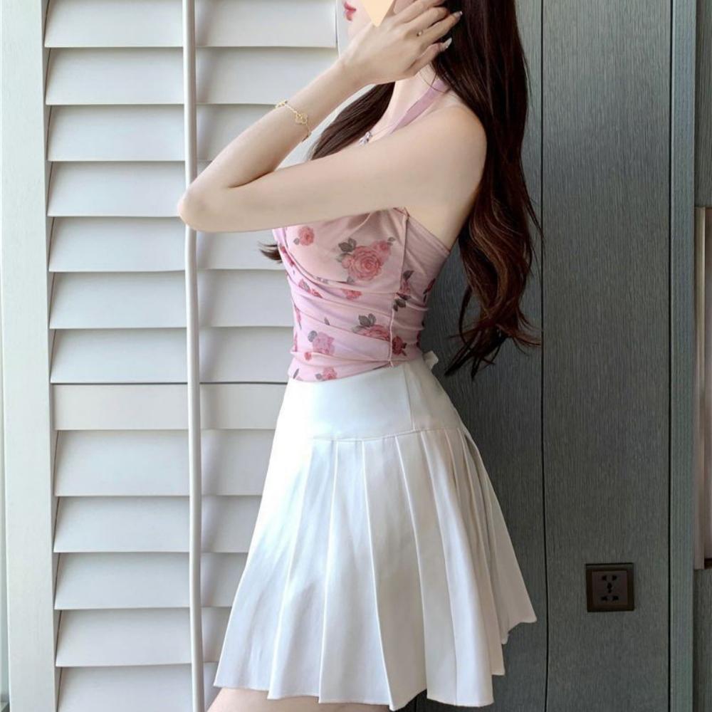 Dámske Sladké Šifónové Potlačené Camis Letné Halter Bez Chrbta Sieťované Tank Topy Vintage Bez Rukávov Štíhle Dobby Základy Crop Top Y2k