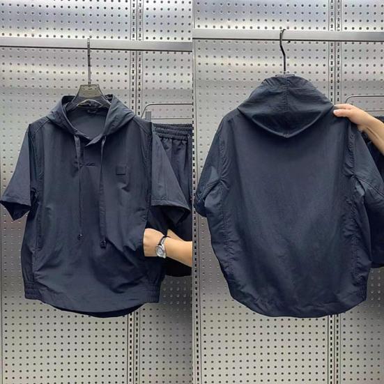 2Pcs/Set Men Summer Outfit Hooded Drawstring Short Sleeve Tops Elastic Waist Pockets