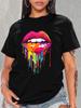 Colorful Lips Print T-Shirt Crew Neck Short Sleeve Casual Sport Tops Women's Clothing Vibrant Colors Urban Style Printed T-Shirt