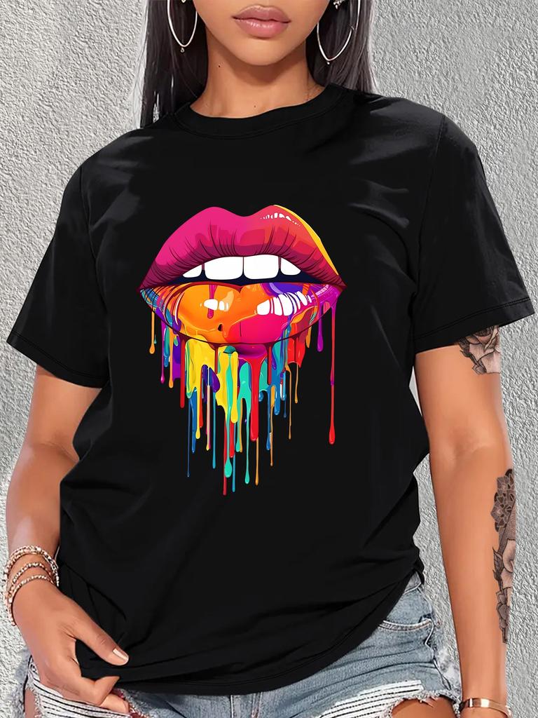 Colorful Lips Print T-Shirt Crew Neck Short Sleeve Casual Sport Tops Women's Clothing Vibrant Colors Urban Style Printed T-Shirt