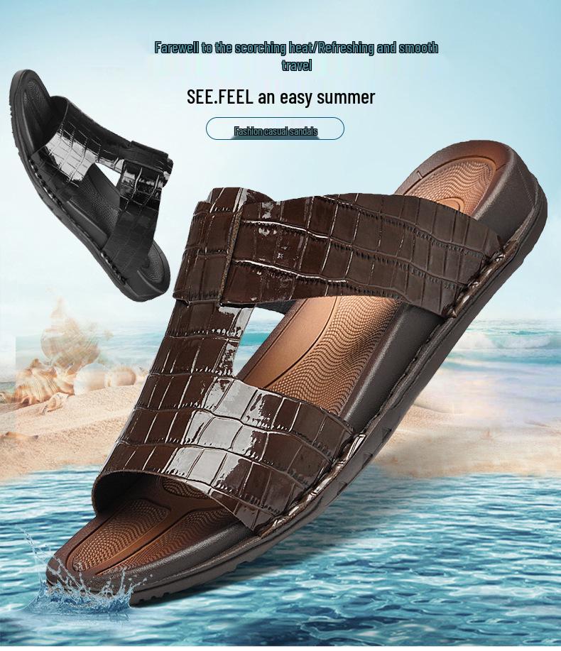 Men's Korean Style Embossed Cowhide Flip-Flops - Crocodile Pattern Single Strap Beach Sandals