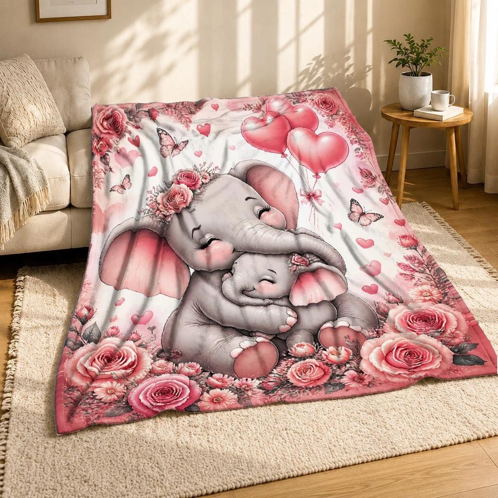 Baby Elephants Hug Coral Fleece Blanket Heart Balloon Decor