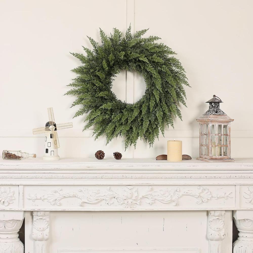 20" Real Touch Cedar Wreath for Front Door, Artificial Christmas Wreaths Faux Cedar Green Fake Pine Needles Wreath for Front Door Wall Windows Indoor