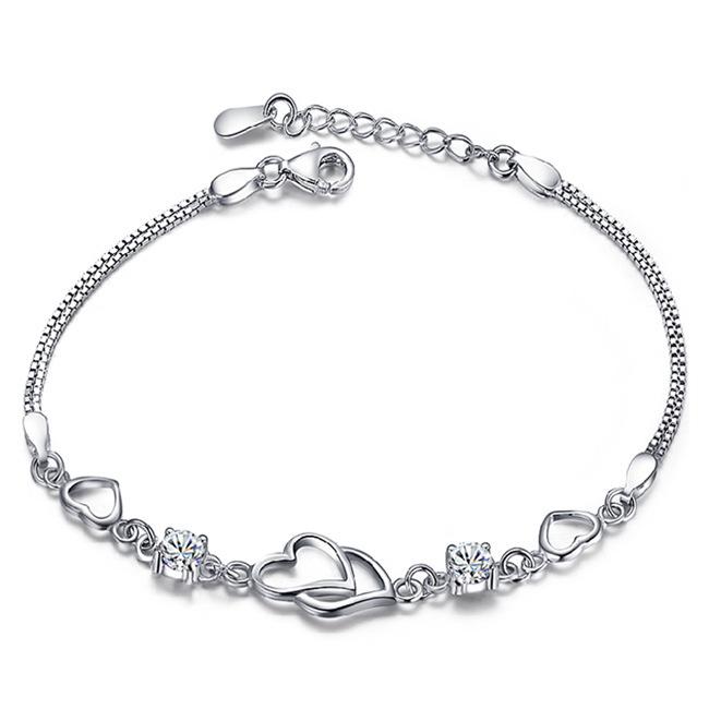 Korean Heart to Heart S925 Sterling Silver Bracelet with Diamond Inlay - Elegant Jewelry Gift for Women