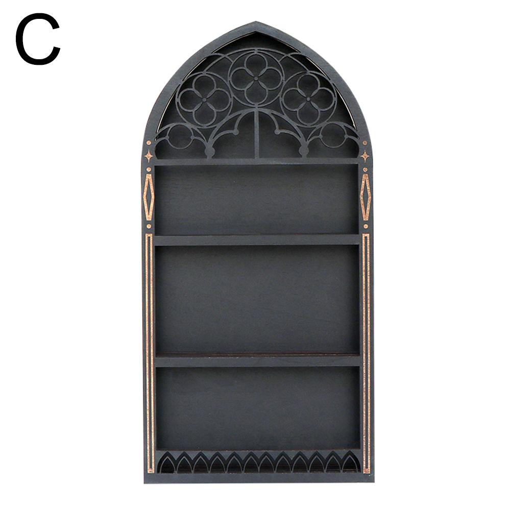 Wall Display Shelf Wood Church Window Design Stones Holder Black Wooden Shelf For Wall For Office Gothic Room Decoration
