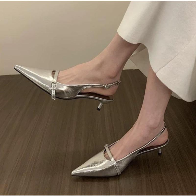 Fashion Pointed Toe Buckle Strap Ladies Sandals Gold Shallow Fashion Sexy Party Slingbacks 2026 Summer High Heeled Shoes Woman