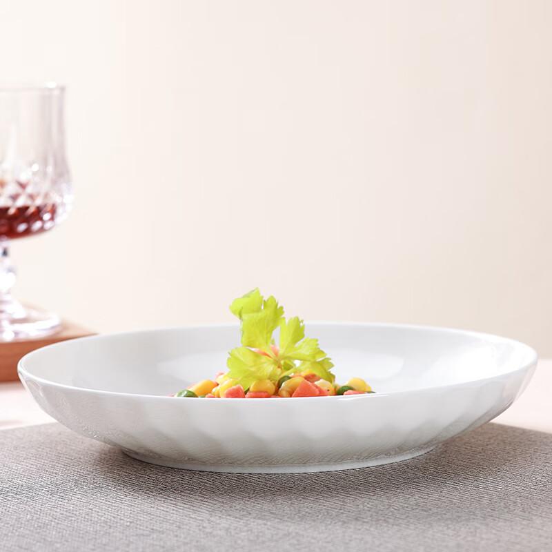 Sky Top Ceramic Deep Dish Plate, Pure White Embossed Bone China Dinnerware Set, 8-Inch Rice Plate, 4-Piece Crystal Series