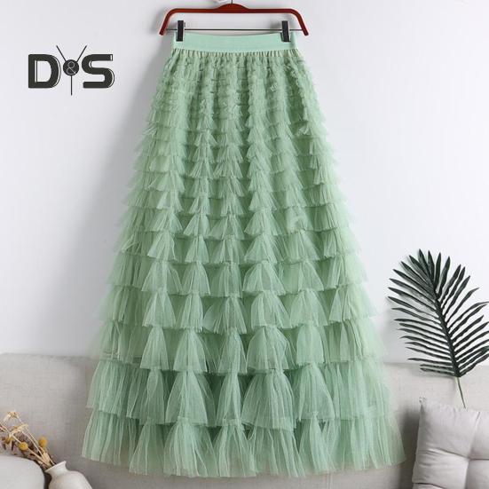 Dámská dortová sukně Jednobarevná sukně středního pasu Dlouhá sukně s elastickým pasem Síťovaný lem A-linii Maxi sukně pro každodenní nošení